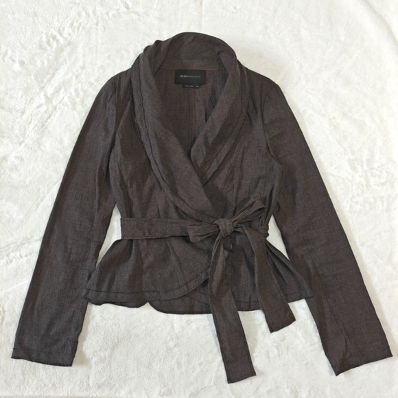 BCBGMaxAzria Medium Linen Cotton‎ Suit Wrap Tie Front Jacket Cardigan Gray Brown - Picture 1 of 5